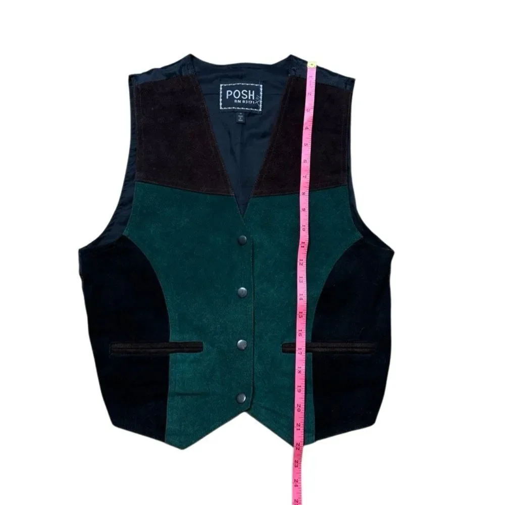 70s Vintage Posh Suede Leather Vest Green Brown Black Medium